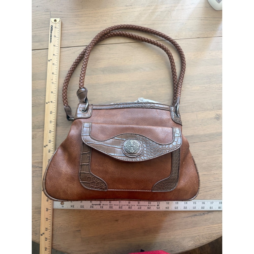 Bueno Brown Faux Leather Shoulder Bag Croc Trim Braided Straps Western Medallion